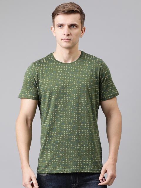 

Turtle Men Olive Green & Blue Slim Fit Printed Round Neck T-shirt