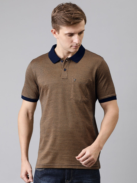 

Turtle Men Mustard Yellow & Navy Blue Self Design Polo Collar T-shirt