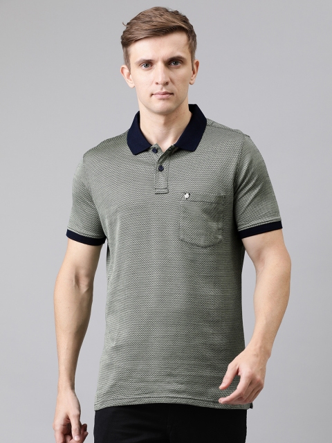 

Turtle Men Olive Green & Navy Blue Self Design Slim Fit Polo Collar T-shirt