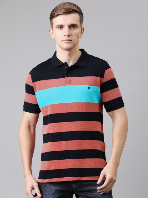 

Turtle Men Navy Blue & Rust Pink Striped Slim Fit Polo Collar T-shirt