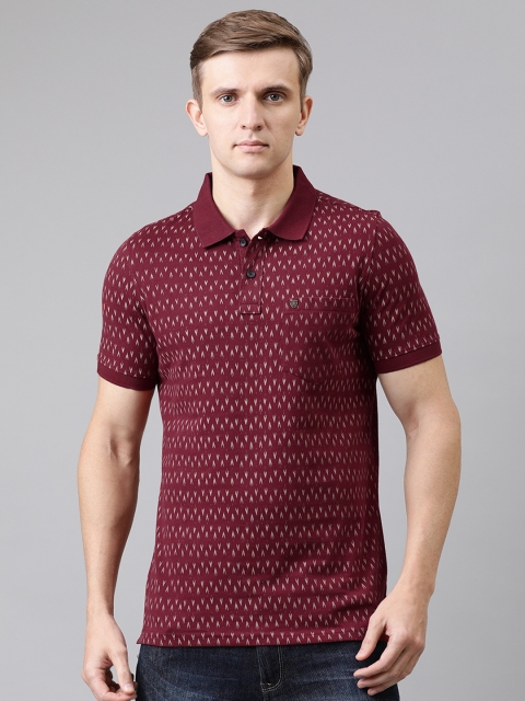 

Turtle Men Burgundy Grey Printed Slim Fit Polo Collar Pure Cotton T-shirt