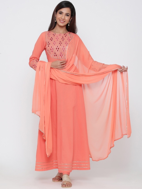

Jaipur Kurti Women Peach-Coloured Embroidered Regular Thread Work Pure Cotton Kurta with Churidar & With