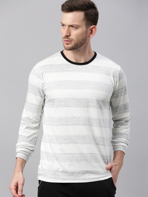 

Urbano Fashion Men White Grey Melange Slim Fit Striped Round Neck Pure Cotton T-shirt