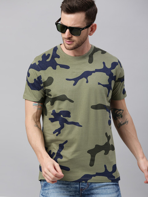 

Urbano Fashion Men Olive Green Navy Blue Slim Fit Camouflage Printed Round Neck Pure Cotton T-shirt