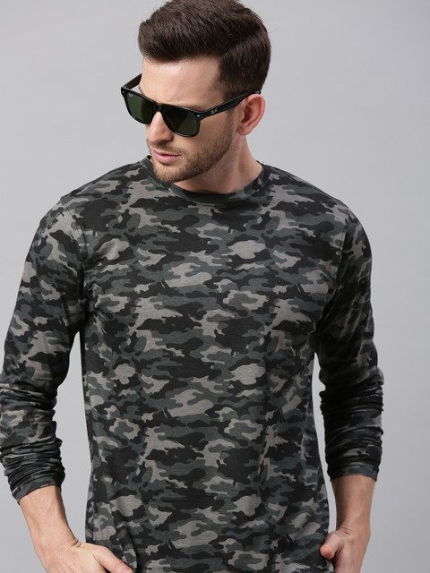 

Urbano Fashion Men Grey Black Slim Fit Camouflage Printed Round Neck Pure Cotton T-shirt