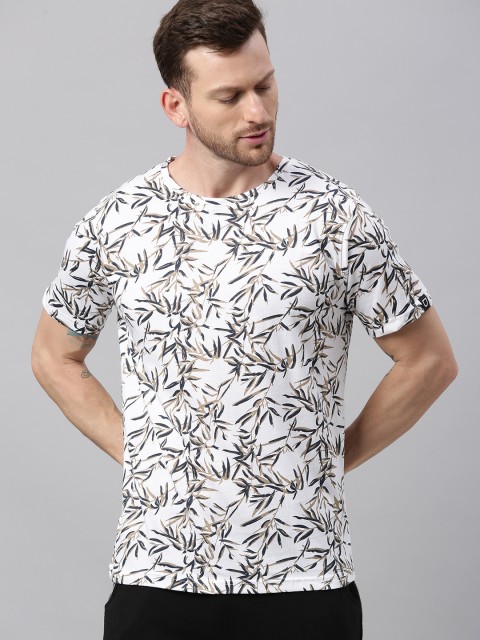 

Urbano Fashion Men White Grey Tropical Printed Round Neck Pure Cotton T-shirt