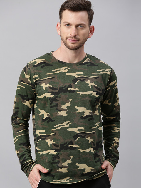 

Urbano Fashion Men Olive Green Black Slim Fit Camouflage Printed Round Neck Pure Cotton T-shirt