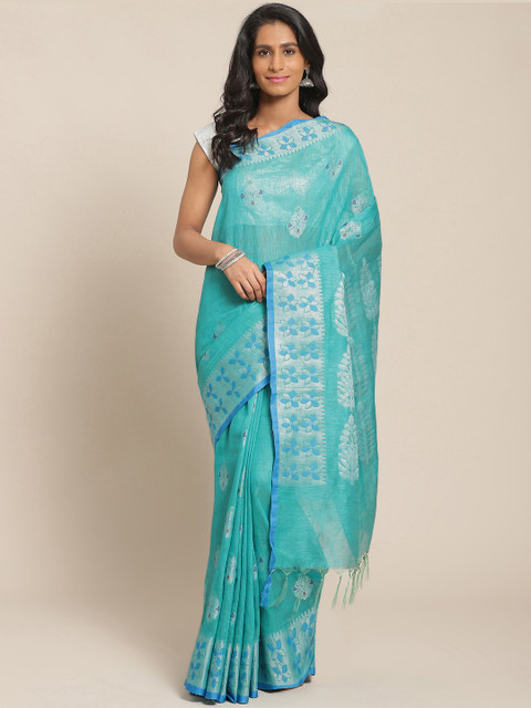 

swatika Green & Silver Pure Linen Ethnic Zari Woven Design Banarasi Handloom Saree