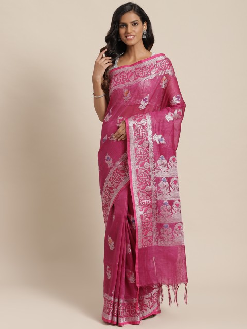 

swatika Pink & Silver-Toned Pure Linen Woven Design Banarasi Handloom Saree