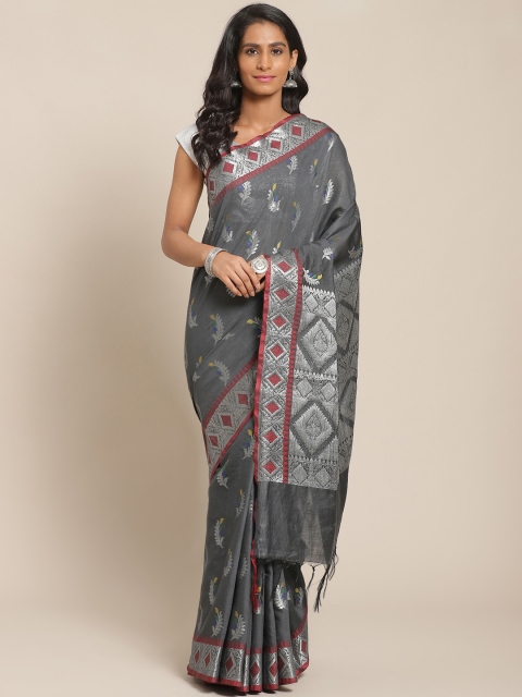 

swatika Charcoal Grey & Silver Zari Woven Design Banarasi Handloom Saree