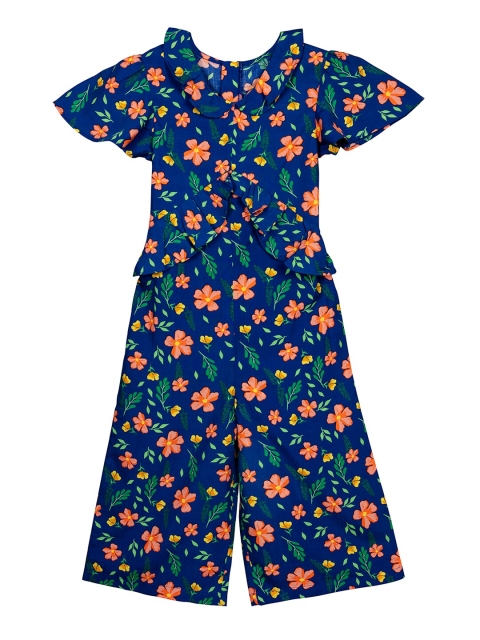 

Budding Bees Girls Blue & Orange Floral Printed Basic Jumpsuit