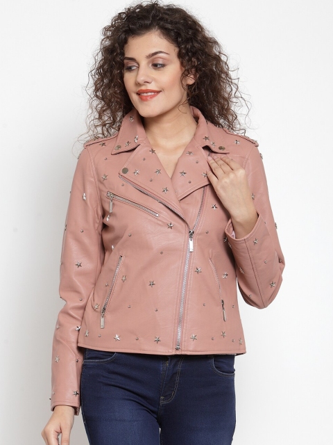 

Global Republic Women Pink Solid Studded Lightweight Biker Jacket