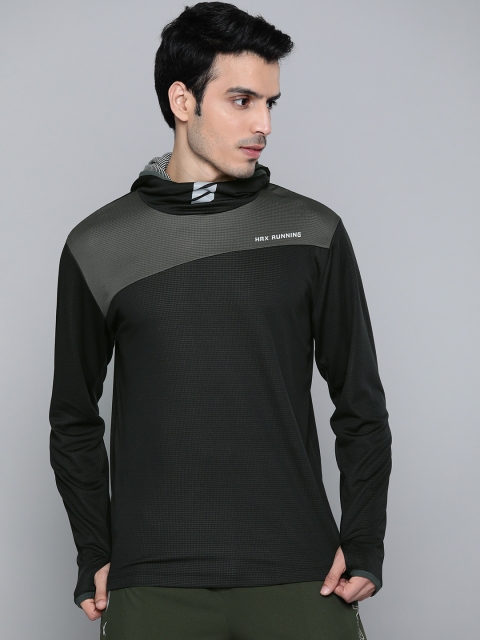 

HRX by Hrithik Roshan Men Black & Charcoal Grey Colourblocked Hooded Running Sweatshirt