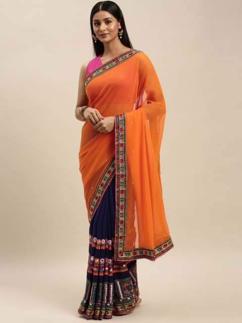 

VASTRANAND Navy Blue & Orange Pure Georgette Kutchi Embroidered Bandhani Saree