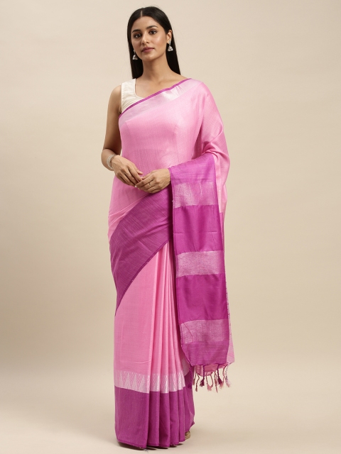 

VASTRANAND Pink Solid Linen Blend Saree