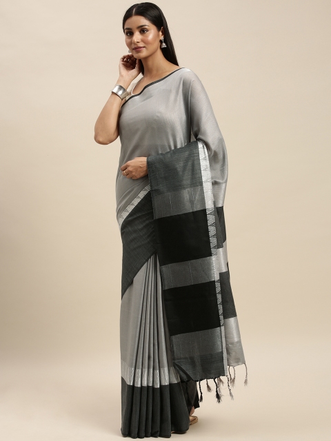 

VASTRANAND Grey & Black Linen Blend Solid Banarasi Saree