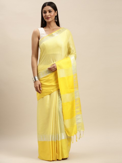 

VASTRANAND Yellow Linen Blend Solid Banarasi Saree