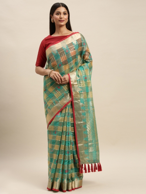 

VASTRANAND Sea Green & Golden Organza Checked Kanjeevaram Saree