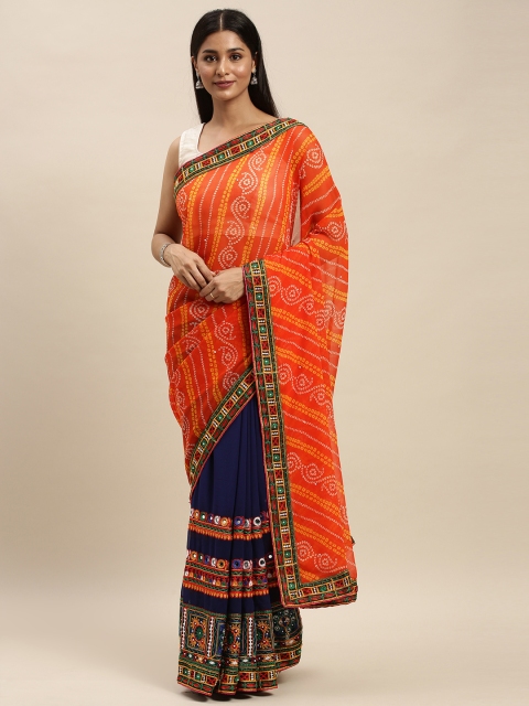

VASTRANAND Navy Blue & Orange Pure Georgette Embroidered Bandhani Saree