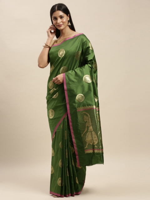 

VASTRANAND Green & Gold-Toned Silk Blend Woven Design Banarasi Saree