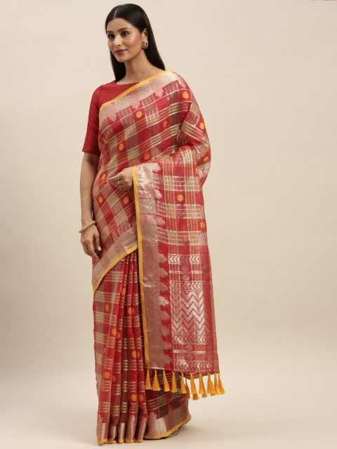 

VASTRANAND Red & Gold-Toned Organza Checked Kanjeevaram Saree