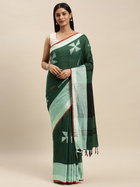 

VASTRANAND Green & Silver-Toned Linen Blend Woven Design Saree
