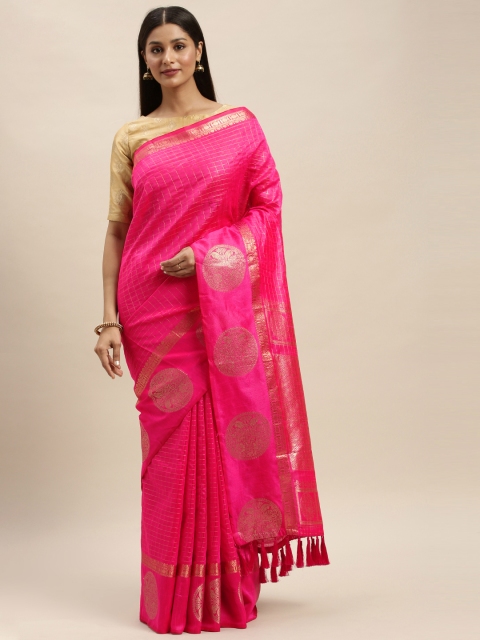 

VASTRANAND Pink Silk Blend Checked Banarasi Saree