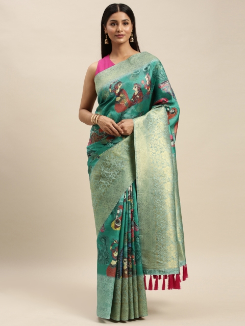 

VASTRANAND Green Silk Blend Printed Banarasi Saree