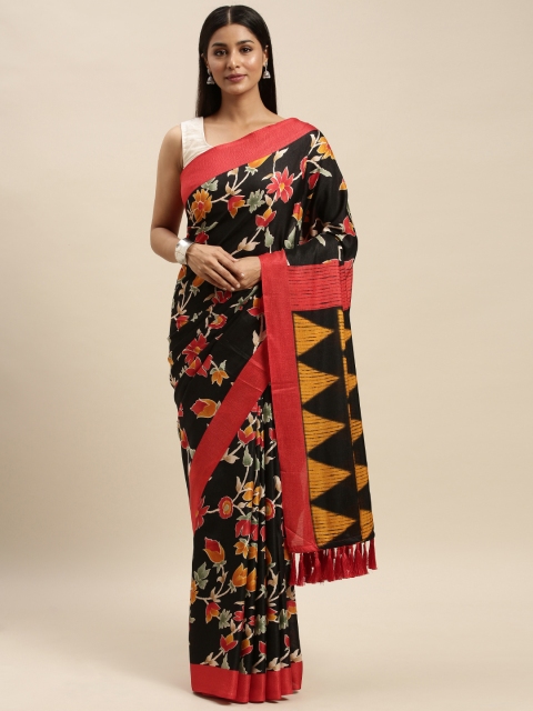 

VASTRANAND Black & Red Linen Blend Printed Chanderi Saree