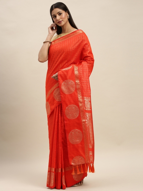 

VASTRANAND Orange & Gold-Toned Silk Blend Checked Banarasi Saree