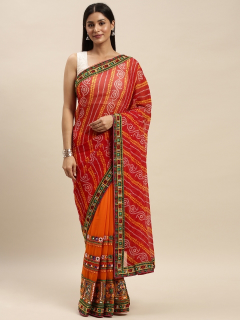

VASTRANAND Orange & Red Pure Georgette Embroidered Bandhani Saree