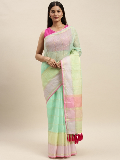 

VASTRANAND Sea Green & Fluorescent Green Supernet Striped Kota Saree