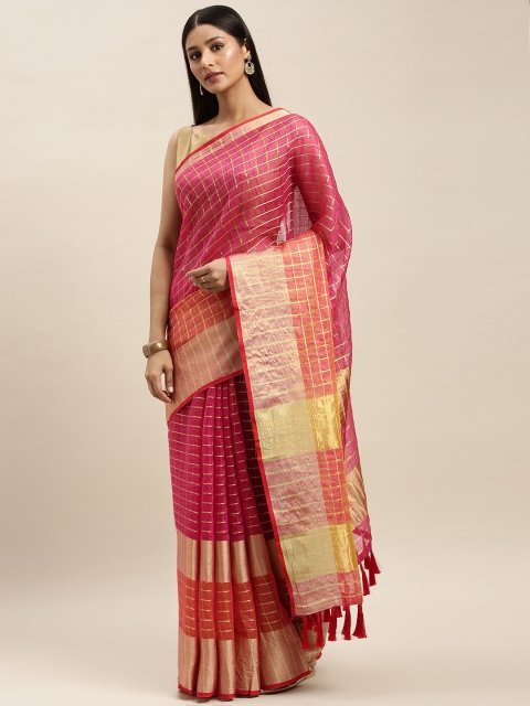

VASTRANAND Pink & Orange Supernet Checked Kota Saree