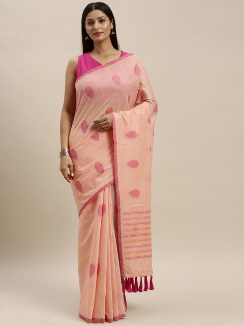 

VASTRANAND Peach-Coloured Linen Blend Woven Design Banarasi Saree
