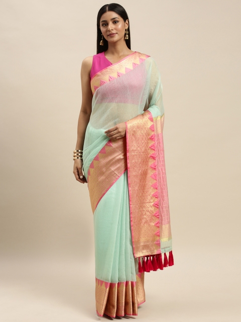 

VASTRANAND Sea Green & Pink Supernet Solid Kota Saree