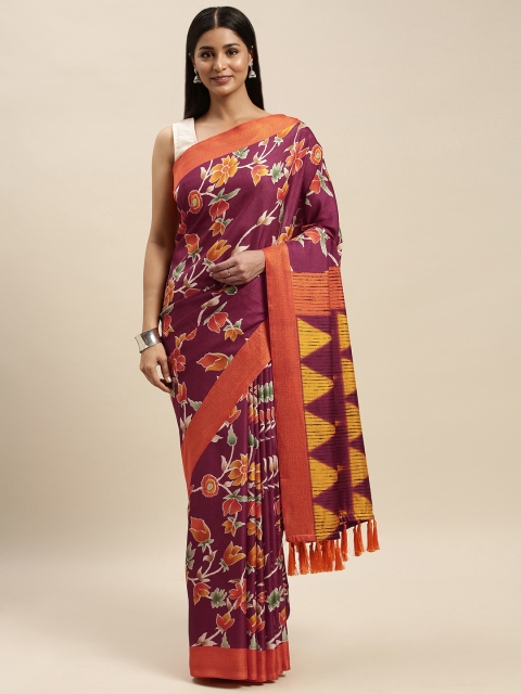 

VASTRANAND Magenta Pink & Orange Linen Blend Printed Chanderi Saree