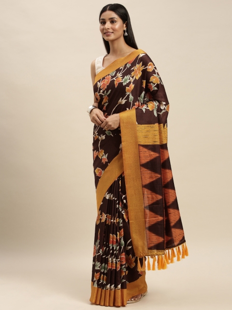 

VASTRANAND Coffee Brown & Mustard Yellow Linen Blend Printed Chanderi Saree