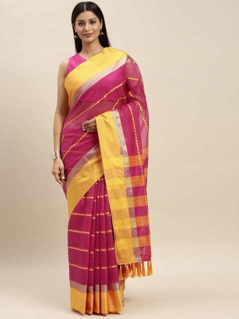 

VASTRANAND Pink & Yellow Supernet Striped Kota Saree