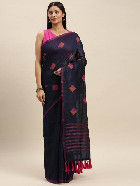 

VASTRANAND Navy Blue & Pink Linen Blend Woven Design Banarasi Saree