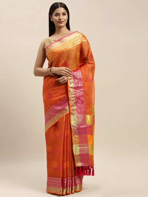 

VASTRANAND Orange Supernet Woven Design Kota Saree