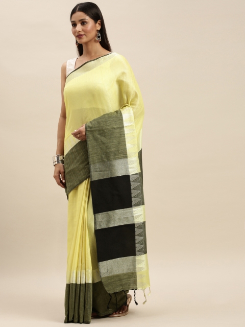 

VASTRANAND Yellow & Black Linen Blend Solid Banarasi Saree