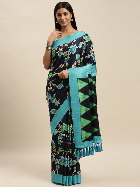 

VASTRANAND Navy Blue & Green Linen Blend Printed Chanderi Saree