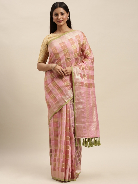 

VASTRANAND Pink & Gold-Toned Organza Checked Kanjeevaram Saree