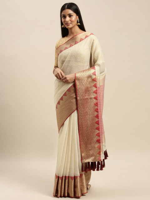

VASTRANAND Cream-Coloured & Red Supernet Solid Kota Saree