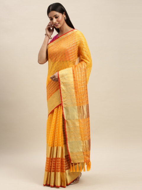 

VASTRANAND Yellow & Orange Supernet Checked Kota Handloom Saree