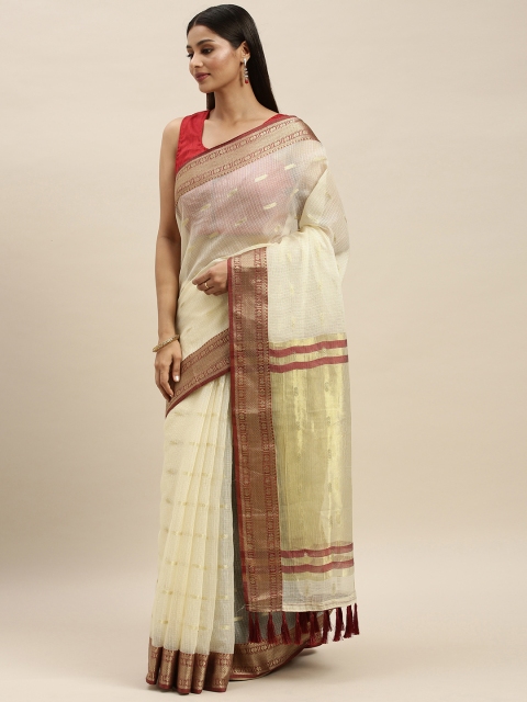 

VASTRANAND White & Beige Supernet Woven Design Kota Saree