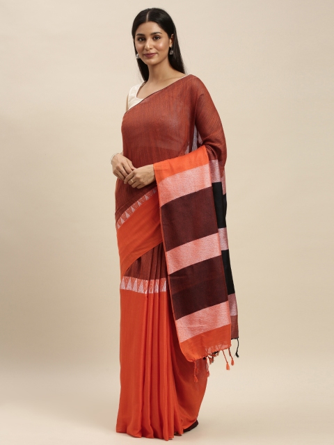 

VASTRANAND Orange & Brown Linen Blend Woven Design Half and Half Saree