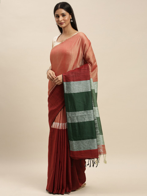 

VASTRANAND Maroon & Peach-Coloured Linen Blend Woven Design Half and Half Saree