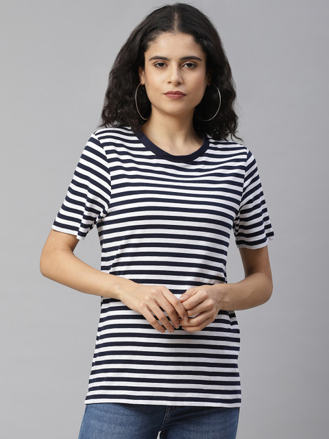 

Marks & Spencer Women Navy & White Slim Fit Striped Round Neck T-shirt, Navy blue