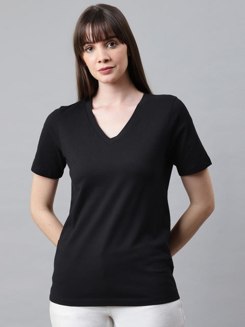 

Marks Spencer Women Black Solid V-Neck Pure Cotton T-shirt